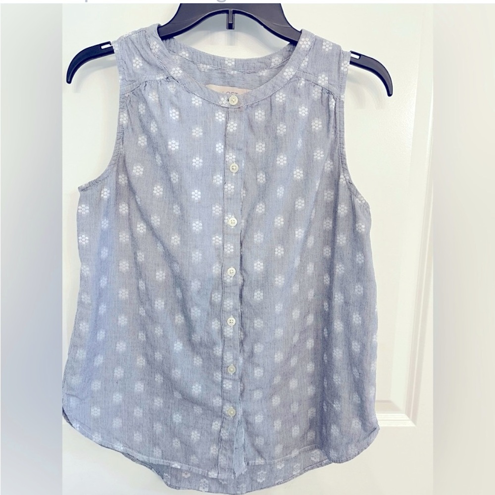 LOFT Blue Sleeveless Button Down Mandarin Collar Top